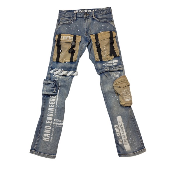 Grindhouse Denim Co. Jeans Size 30 Light Wash Utility Pockets Paint Splatter - Picture 1 of 13
